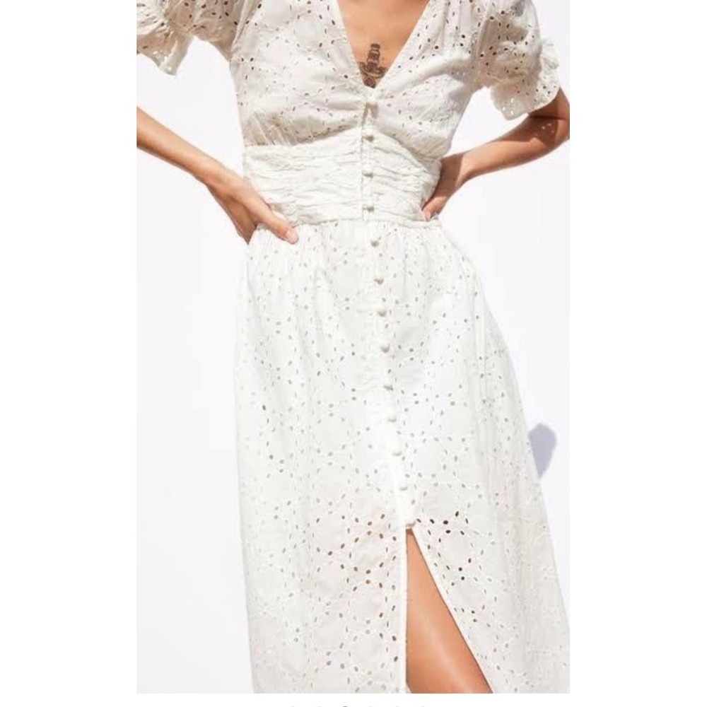 ZARA White Eyelet Midi Plunge Henley Fairycore Gypsy Boho Cottagecore Sz S